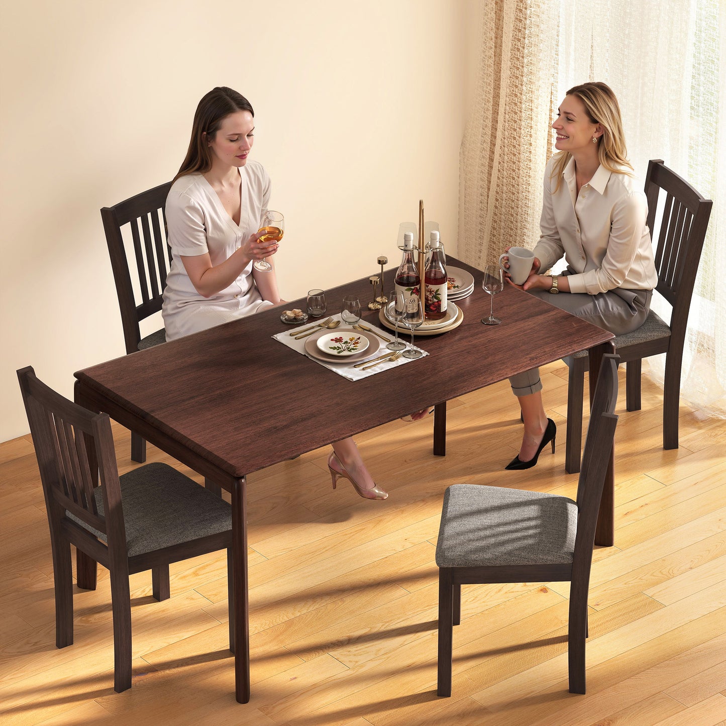 Dining Chairs Set of 2 Linen Upholstered Kitchen with Rubberwood Legs