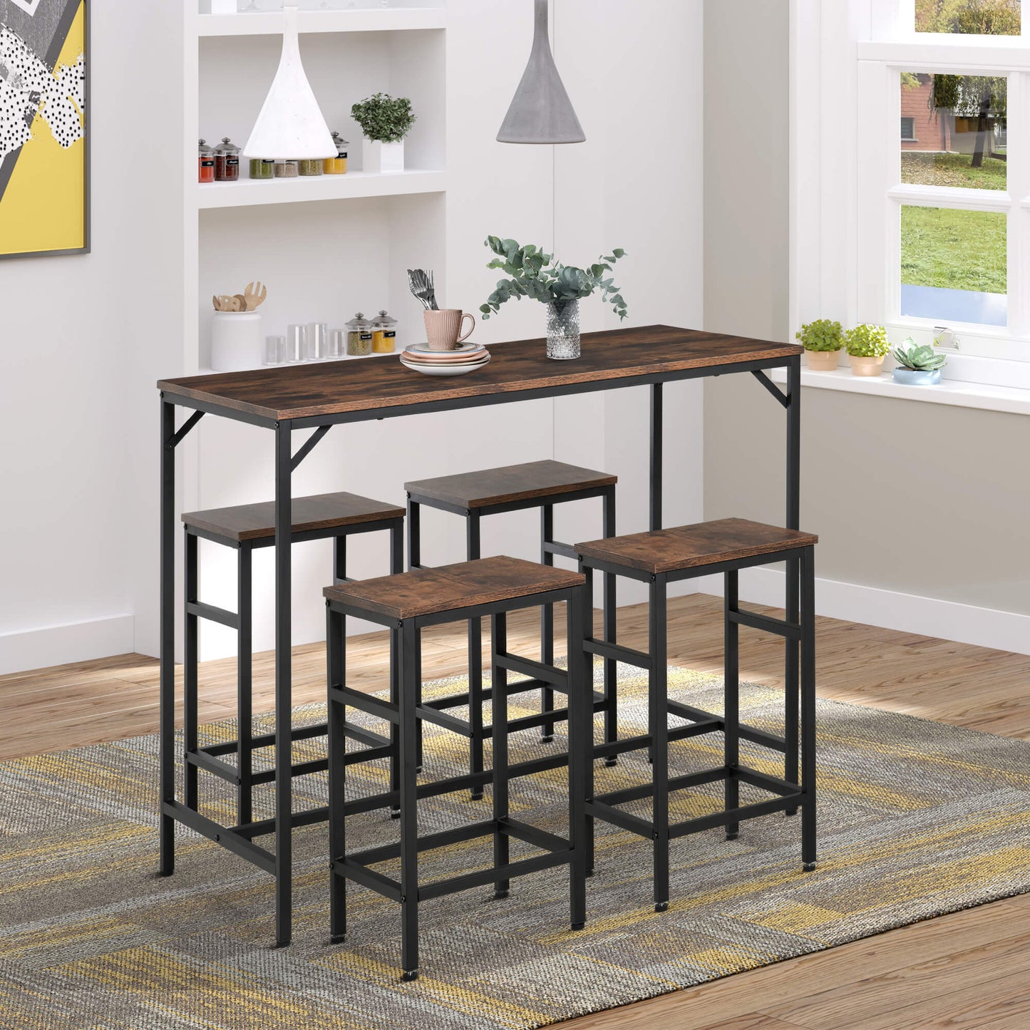 5-Piece Rustic Bar Table Set with 4 Stools - Space Saving Design