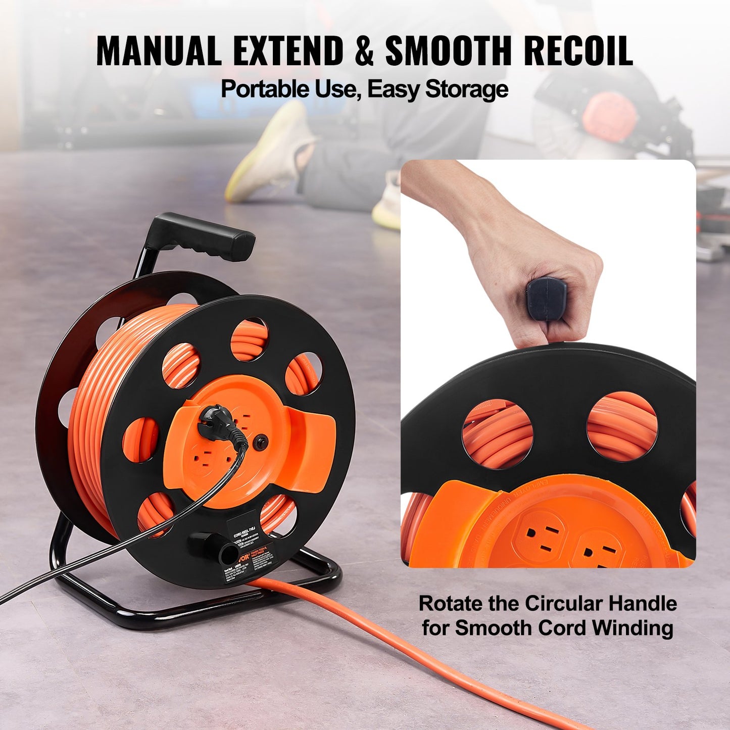 Heavy Duty 100FT Extension Cord Reel with 4 Outlets Dust Cover Circuit Breaker Orange