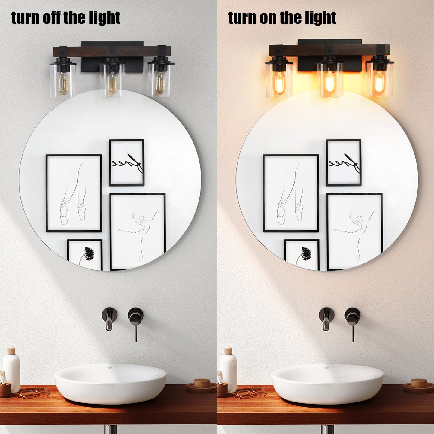 Rustic 3-Light Vanity Light Fixture with Glass Shades and Wood Accent