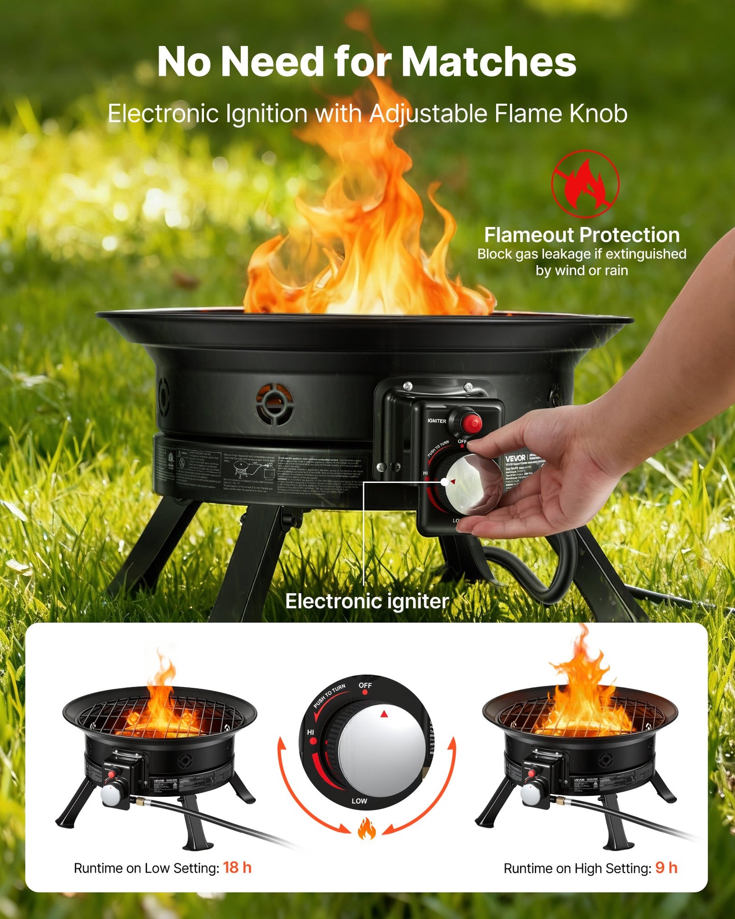 Portable Propane Fire Pit 19-Inch 53,000 BTU with Grill Grate & Lava Rocks