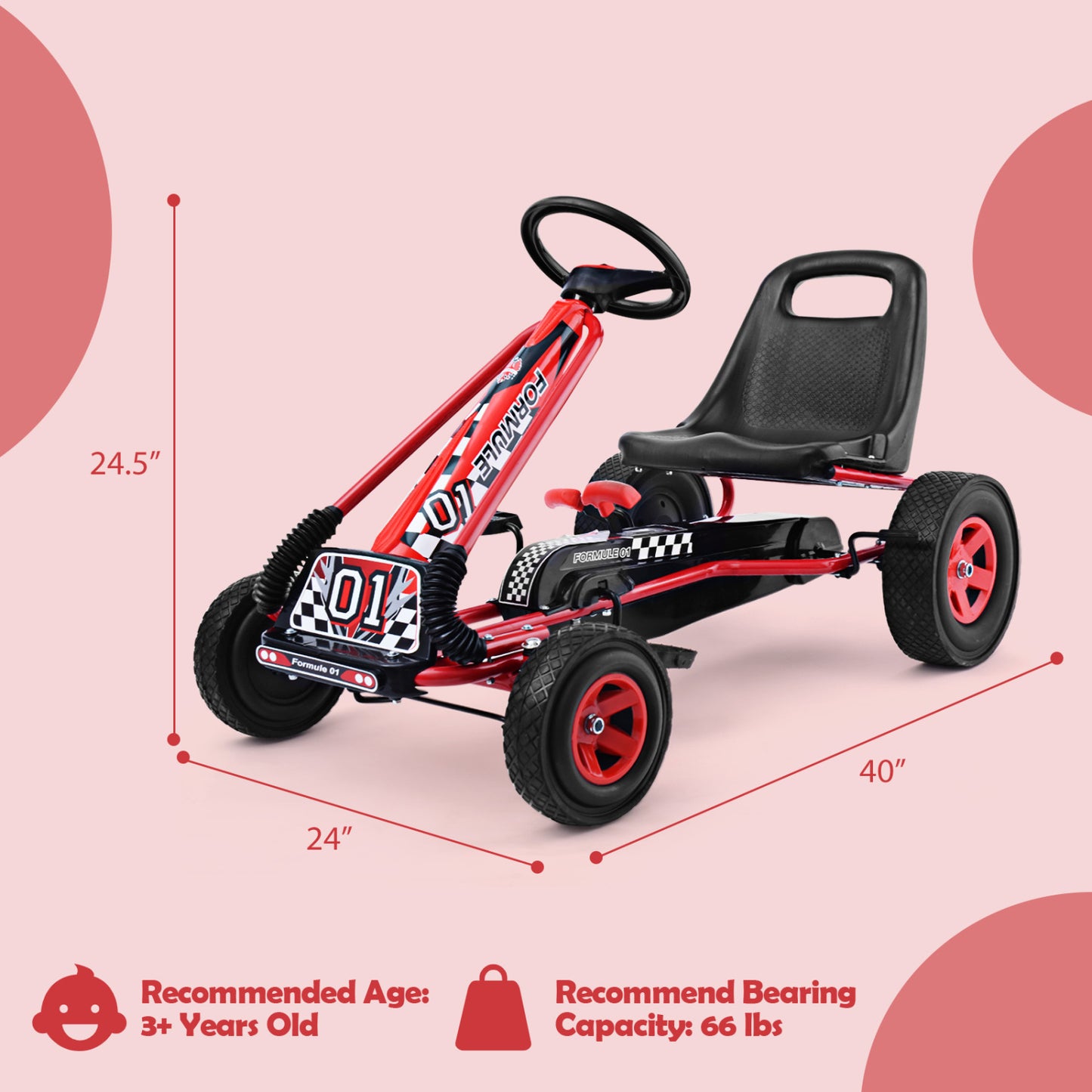 Kids Pedal Powered Go Kart - 4 Wheels Outdoor Racer Toy - Red