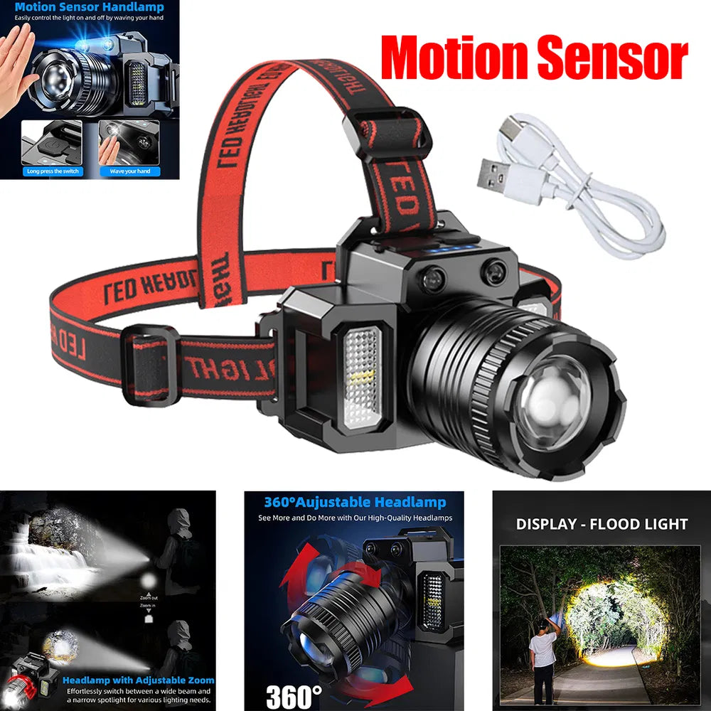 USB Rechargeable LED Headlamp with Motion Sensor - 60000LM