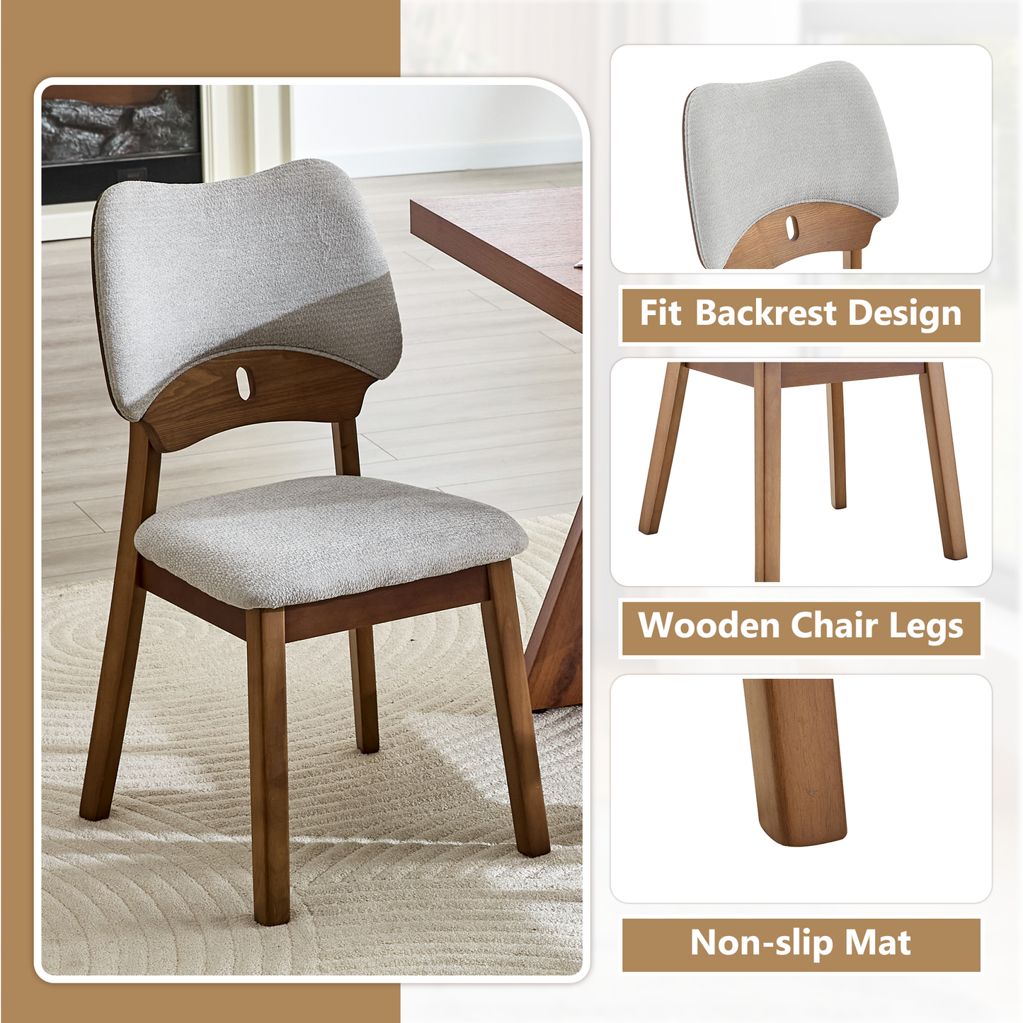 2 Walnut Colored Solid Wood Dining Chairs, With Gray Soft Fabric