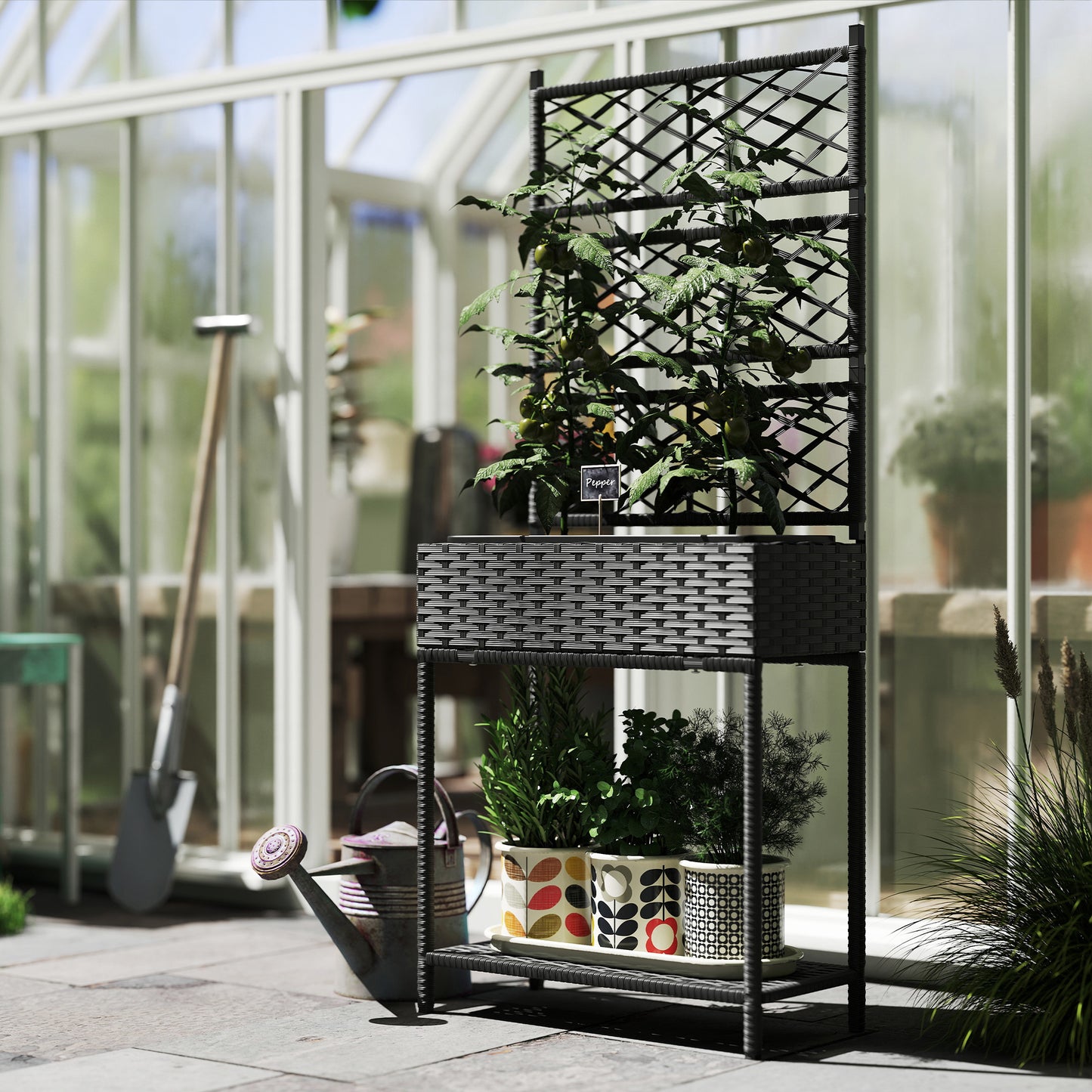 Outdoor Wicker Planter with Trellis and Storage Shelf - Black Garden Box