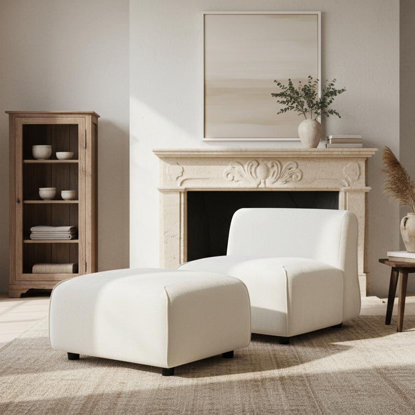 Modern Plush Accent Chair With Ottoman Set Compact Upholstered Lounge