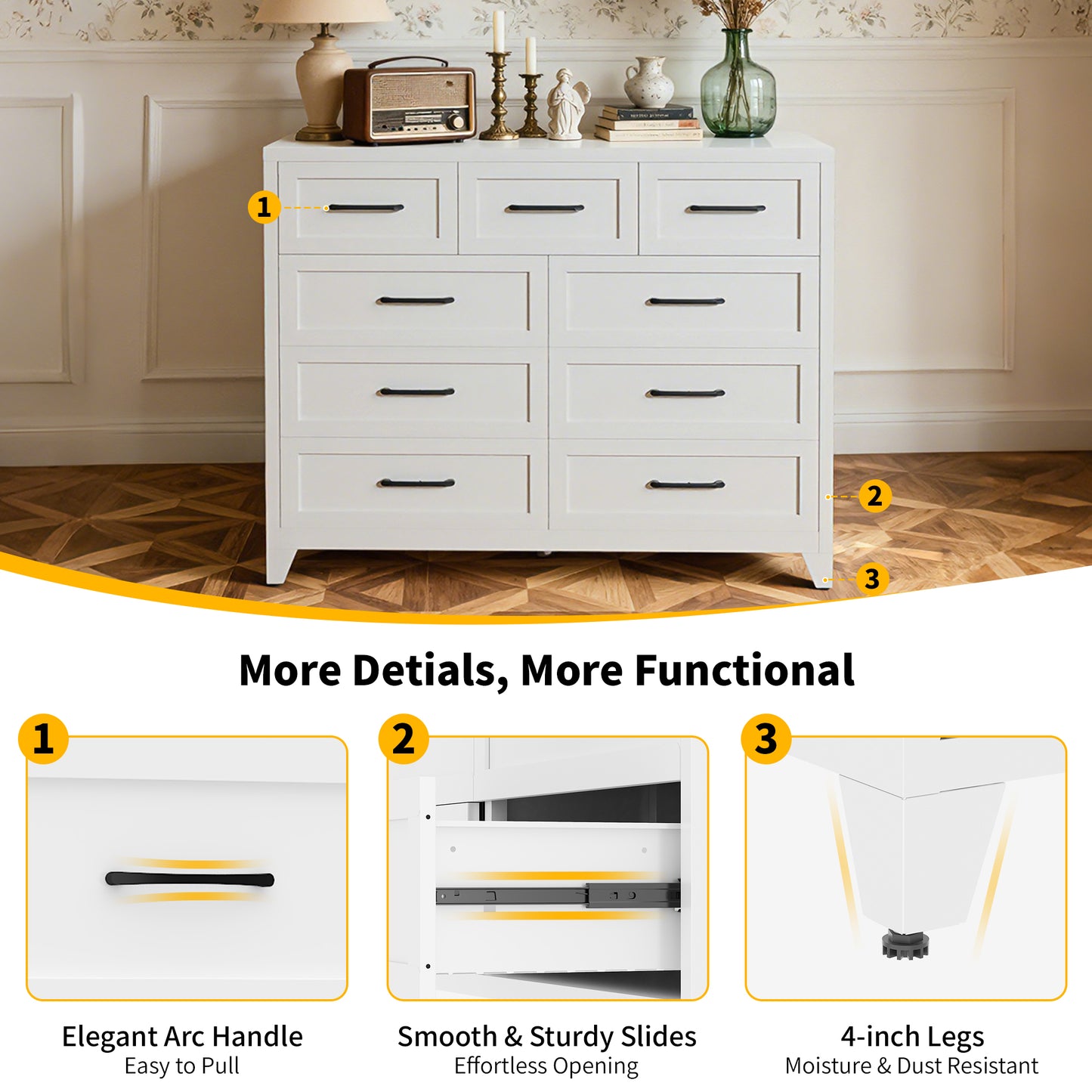 9-Drawer Tall Dresser, White Metal Storage Cabinet With Smooth