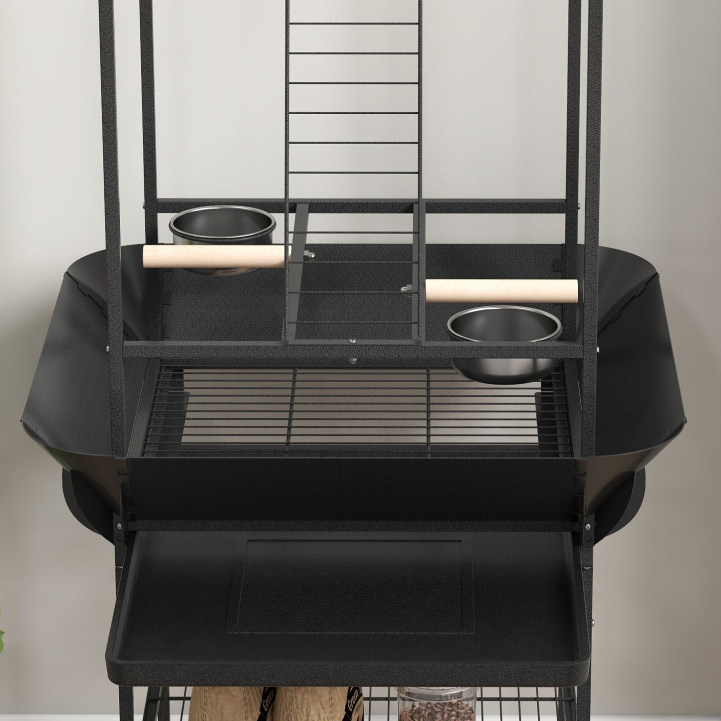 Indoor Outdoor Bird Stand with Wheels, Stainless Steel Feed Bowls & Perches - Gray