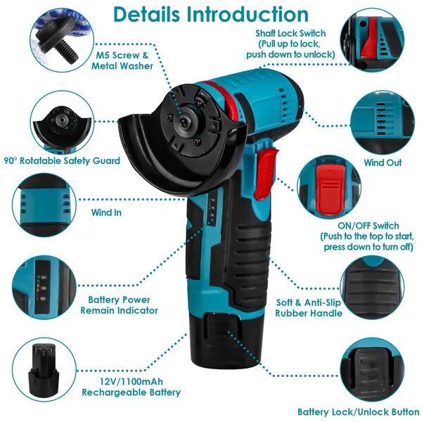 Cordless Mini Angle Grinder with 7 Discs 12V Battery and Charger - Green