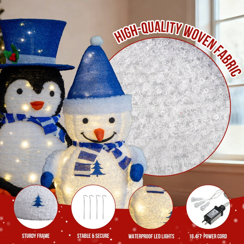 Set of 2 Lighted Plush Penguin and Snowman Christmas Decorations