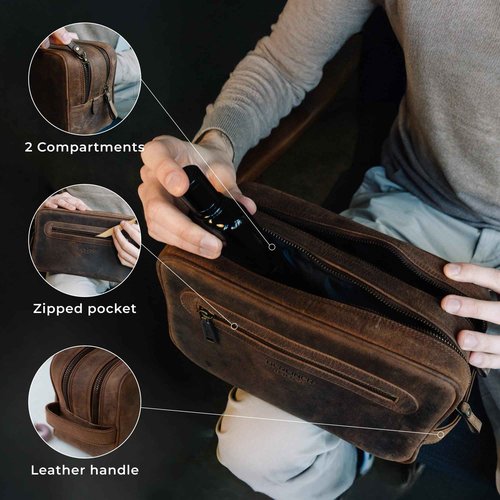 BERLINER BAGS Vintage Genuine Leather Toiletry Bag Max 2, Two Zippered Compartments, Large Capacity Cosmetics Bag for Men and Women for Travel - Brown