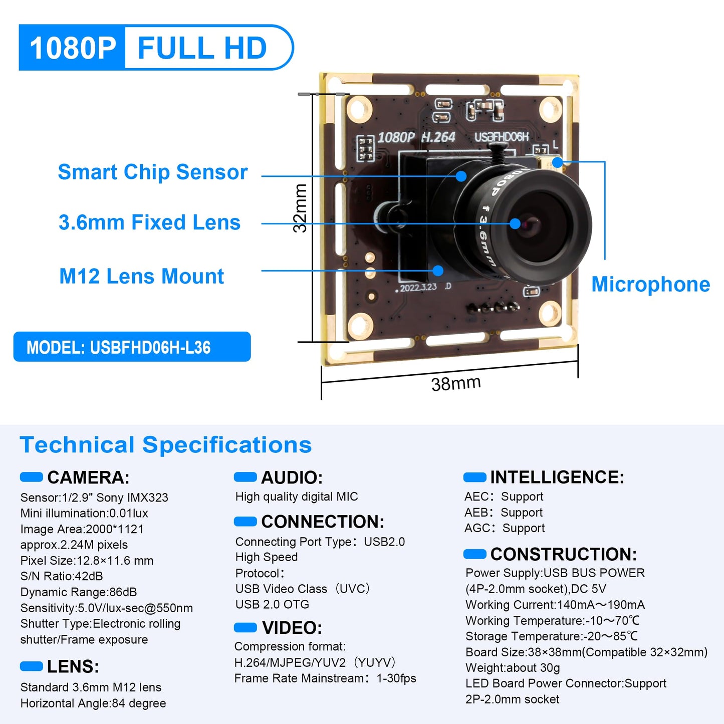 ALPCAM 1080P USB Camera Module for Raspberry Pi, 2MP 30FPS CMOS IMX323 Low Light Webcam with 3.6mm Lens, Industrial Lightburn Camera Board for Windows Linux Mac OS
