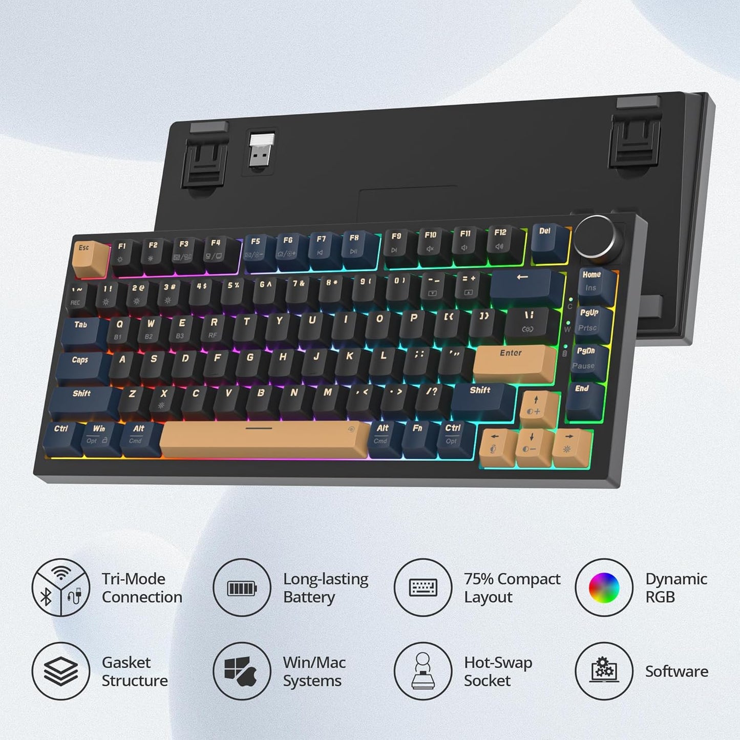 400PRO 75% Wireless Creamy Mechanical Keyboard Black, Gasket Hot Swappable RGB Gaming Keyboard, Bluetooth/2.4GHz/USB-C Thocky Keyboard with Pre-lubed Cream Grey Switches (82 Black)
