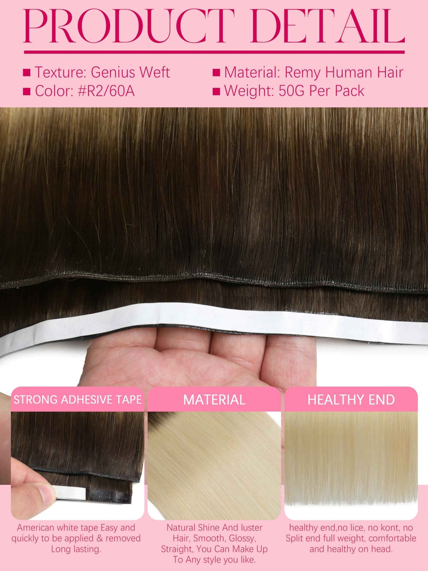 Lacer Genius Weft Tape in Hair Extension Human Hair 18 Inch Tape in Human Hair Weft Hand Tied For Women Rooted Darkest Brown to Platinum Blonde 50g