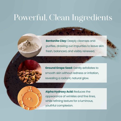 Hylunia Skincare Grape Seed Facial Scrub ā Gentle Exfoliating Face Scrub with Ground Grape Seed, Bentonite Clay, and Alpha Hydroxy Acid for smooth, glowing skin and refined pores, 5.1oz