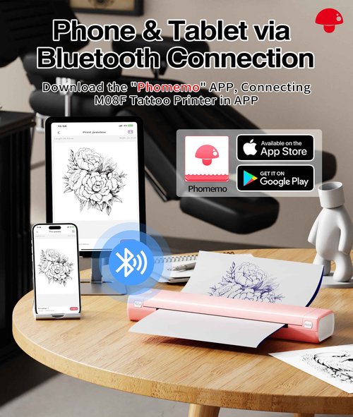 Phomemo M08F Bluetooth Tattoo Stencil Printer with Storage Case & 10pcs Tattoo Transfer Paper, Thermal Transfer Printer Machine for Artists & Beginners, Compatible with Tablet, Phone & Computer