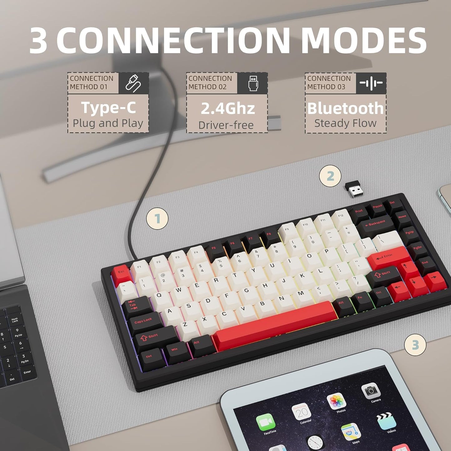 75% Wireless Gaming Keyboard RGB Triple Mode Hot Swappable Mechanical Keyboards PBT Keys Gasket Creamy Custom Keybad Quiet White Switch for Win/MAC