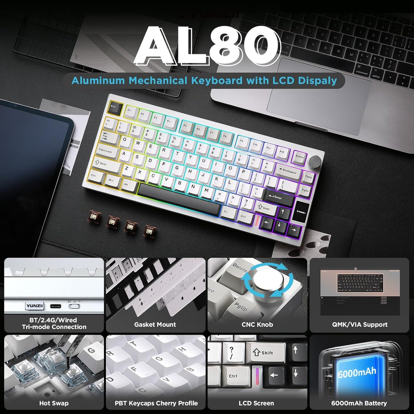 YUNZII AL80 Wireless Mechanical Keyboard,Full Aluminum CNC, Smart LCD Display,Hot Swappable Gasket Mount 75% Layout with Knob,BT/2.4G/USB-C,QMK/VIA Support for Win/Mac (Black, Gateron Zero Switch)