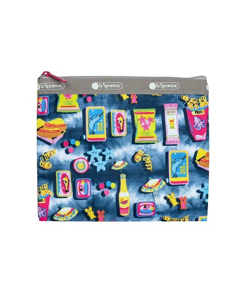 LeSportsac Beach Snacks Deluxe Everyday Crossbody Bag + Cosmetic Bag, Style 7507/Color F949, Vibrant Pop Art Style Beachy Graphics: Hot Dogs, French Fries & Tropical Drinks, Unique Hot Pink Zip Pull