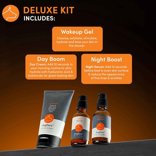 Dogface Men's - Wakeup Gel Daily Face Wash to Exfoliate, Hydrate & Tone Skin, Day Boom Moisturizer, Night Boost Night Cream Retinol Serum, Eye Cream (Deluxe Combo)
