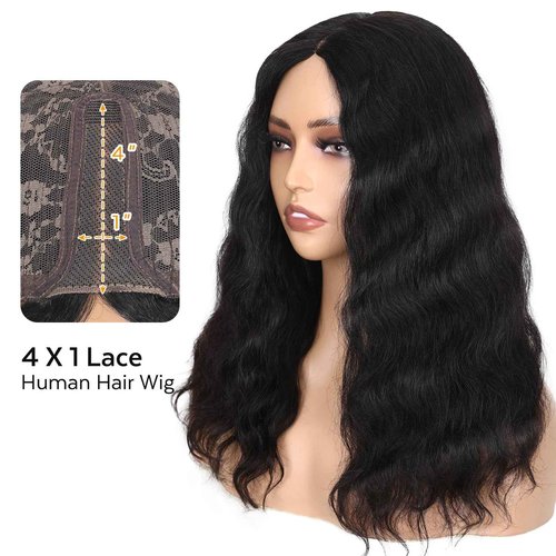 WIGNEE Natural Wavy Real Human Hair Wig 4x1 Lace Part Wigs Unprocessed 10A Grade Brazilian Virgin Hair Wig 18 Inch Black Middle Part Wigs for Women Human Hair Glueless Wear and Go