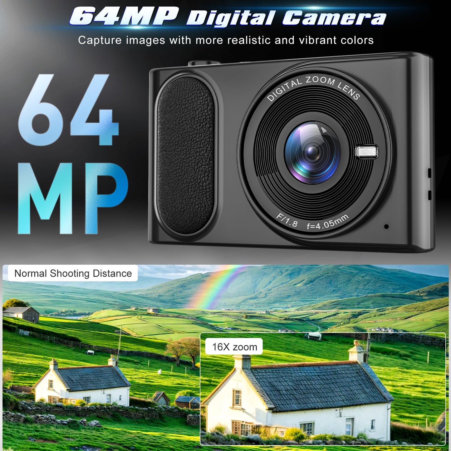 4K UHD Digital Camera, 64MP Autofocus Vlogging Camera 16X Zoom, Compact Digital Point and Shoot Camera with Anti-Shake, Small Travel Camera for Adult Beginners Teens, 32GB Card, 2 Batteries(Black)