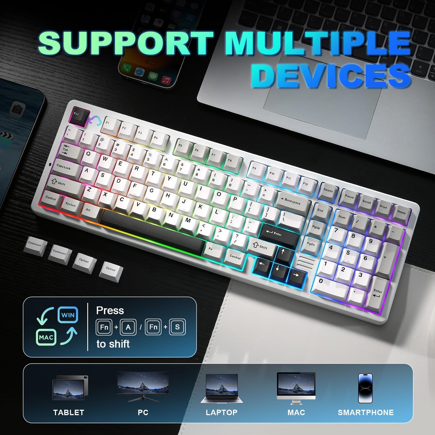 YUNZII AL98 QMK/VIA Wireless Mechanical Gaming Keyboard,Full Aluminum,BT/2.4G/USB-C, Pre-Lubed Hot Swappable Gasket Mount 1800 Layout,RGB Backlit for Win/Mac (White, Milk Switch)