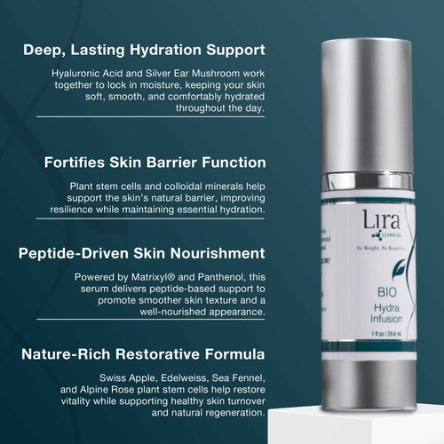 Lira Clinical BIO Hydra Infusion - Hydrating Face Serum with Hyaluronic Acid, Plant Stem Cells, and Minerals - Lightweight Facial Serum for Smooth, Refreshed Skin - Travel Size Daily Skincare - 1 Oz