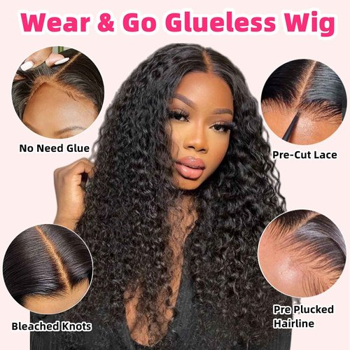 Wear and Go Glueless Wigs Human Hair Pre Plucked Pre Cut Lace Closure Human Hair Curly Lace Front Wig for Black Women Beginners (16inch)