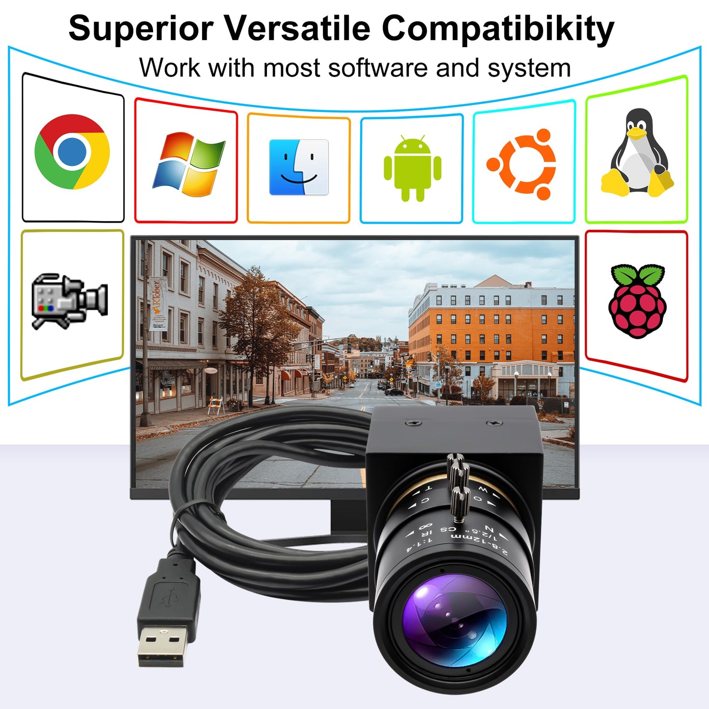 ALPCAM 5MP 1944P USB Camera | Wide Angle 2.8-12mm Varifocal Zoom Lens with Aptina MI5100 Webcam | USB 2.0 Plug & Play for Industrial Vision & Raspberry Pi/Mac/Windows/Linux