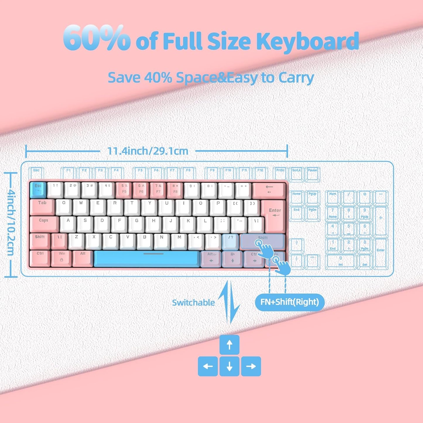 ZIYOU LANG T60 Wired 60% TKL Mechanical Gaming Keyboard with Led Rainbow Backlight Ultra-Compact NKRO Tactile Clicky Blue Switch Tri-Color ABS Keycap for Windows Laptop PC Mac Gamer(Pink/White)