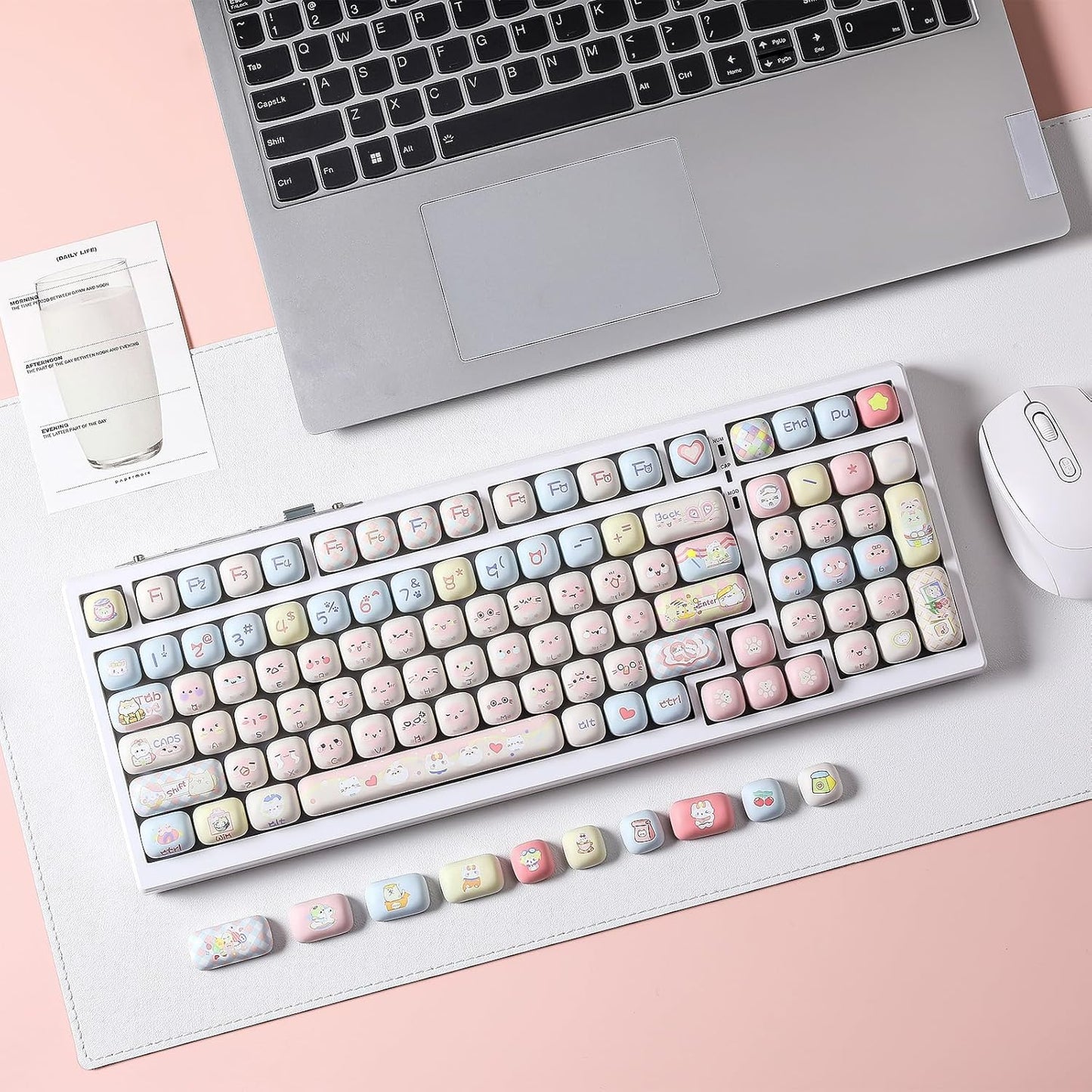 YUNZII Cute Pink Ice Cream Custom Keycaps, 138 Keys Dye Sub PBT MOG Profile Keycap Set for Mechanical Gaming Keyboards (Pink Ice Cream)