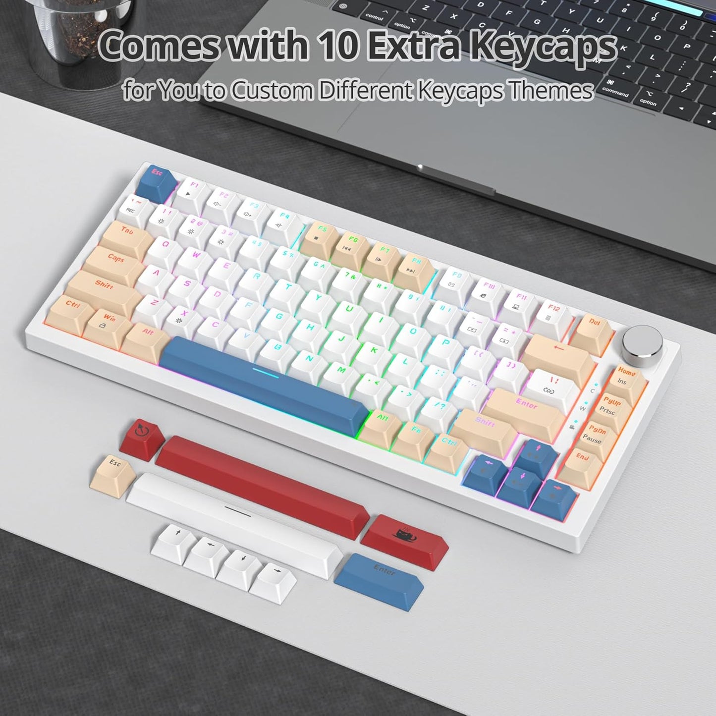 75% Mechanical Gaming Keyboard, Hot Swappable RGB Backlit Custom With Knob, Gasket Mount USB Wired, 82 Keys Blue White Linear Red Switch (82 Blue White)