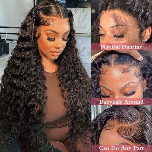 Giginger T Part Lace Frontal Closure Wig 26 Inch Deep Wave Wigs Human Hair 200% Density Real Full Large Lace Space 4X1 Natural Black Deep Wave Wigs Human Hair Pre Plucked For Black Women