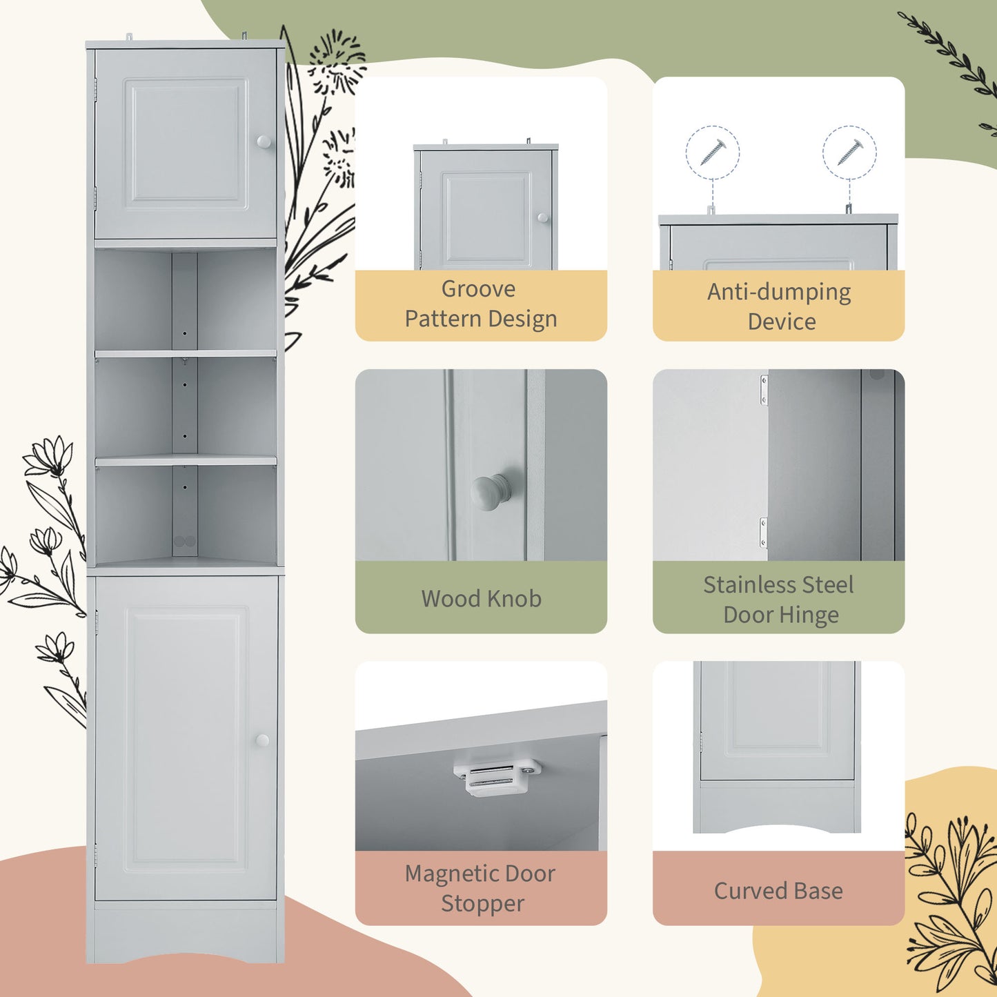 Tall Bathroom Storage Cabinet with Adjustable Shelves - Grey