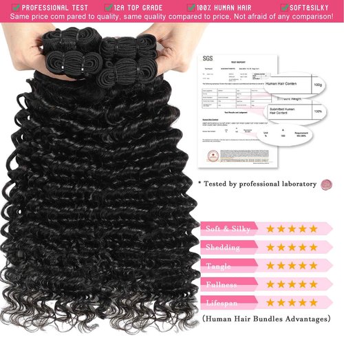 Troskamar Deep Wave Human Hair Bundles 12A Brazilian Deep Curly 3 Bundles for Black Women 18 20 22 Inch 100% Unprocessed Wet and Wavy Bundle Human Hair