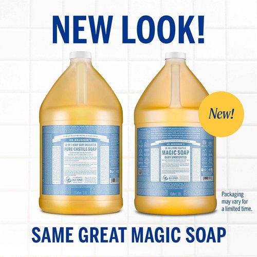 Dr. Bronner's Pure-Castile Magic Soap Liquid (Baby Unscented, 1 Gallon) – Made with Regenerative Organic Certified Oils- For Sensitive Skin, Babies, Face, Hair, Laundry, Dishes, Hand Soap & Body Wash