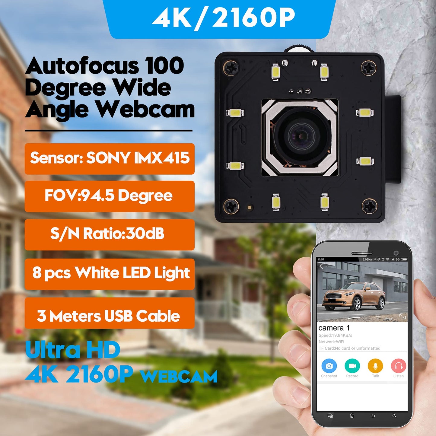 ALPCAM USB Camera 4K Autofocus Webcam High Resolution UHD 2160P Camera with 8pcs White LEDs,100°No Distortion Lens Webcamera with IMX415 Sensor,30fps Plug and Play Web Cam for Video Conference