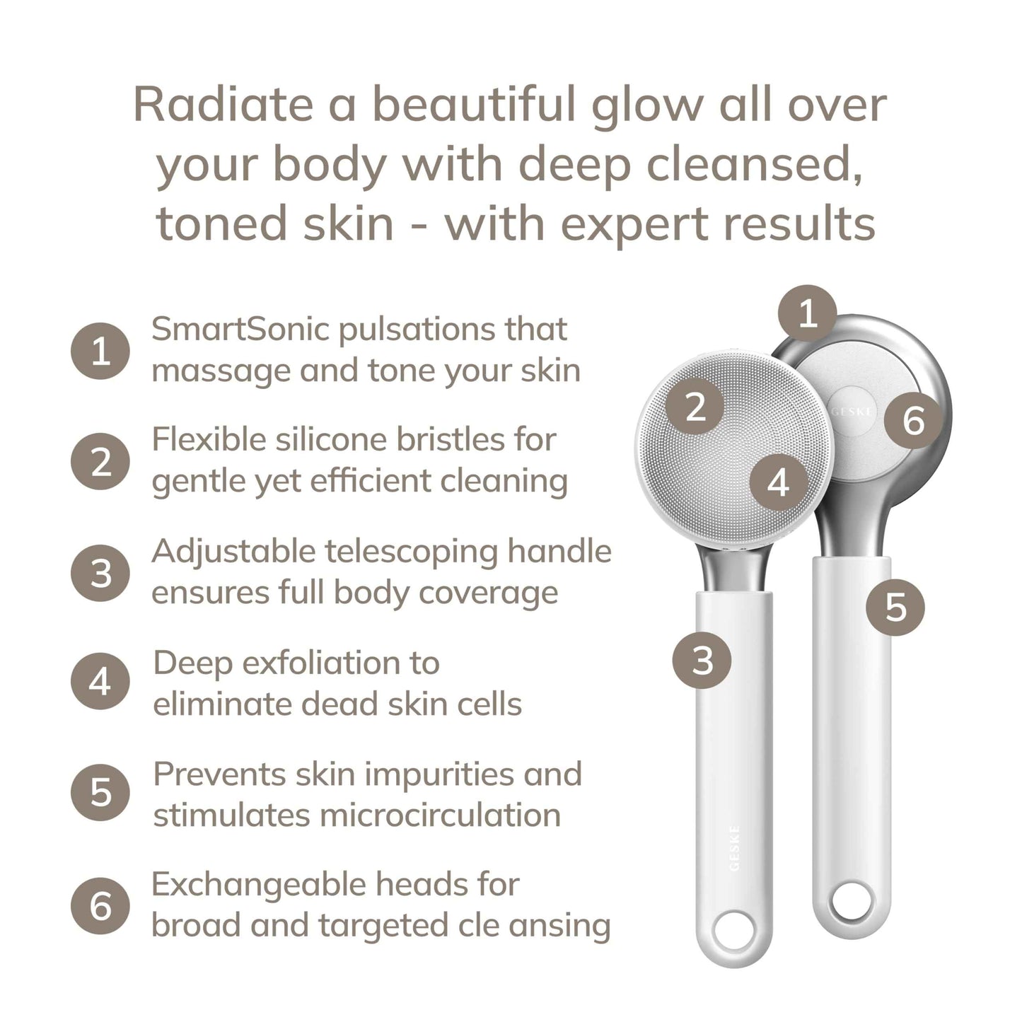 GESKE Sonic Full-Body Brush & Intensive Exfoliator | 8 in 1 | Electric Body Cleansing Brush | With SmartSonic Pulsations | Deep Cleansing, Exfoliation, Massage | Extendable Handle | Rough Skin Remover