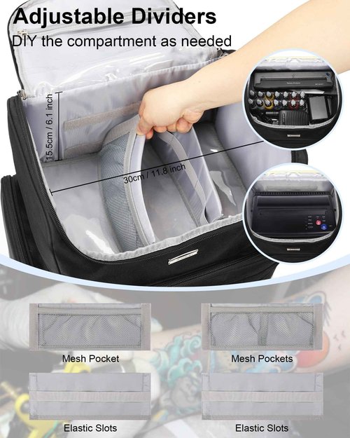 Relavel Tattoo Travel Case, Large Tattoo Bag Backpack with 3 Clear Bags for Tattoo Stencil Printer, Equipment and Supplies Travel Carring Case with Adjustable Dividers & Easy to Clean Lining, Black