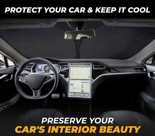Tesla Windshield Sun Shade for Model(3/Y)(2016–2025) – XX-Large 56" x 36", Foldable Front Sunshade with Storage Bag | Reflective 240T Polyester | Blocks UV Rays&Heat – Interior Protection Accessory