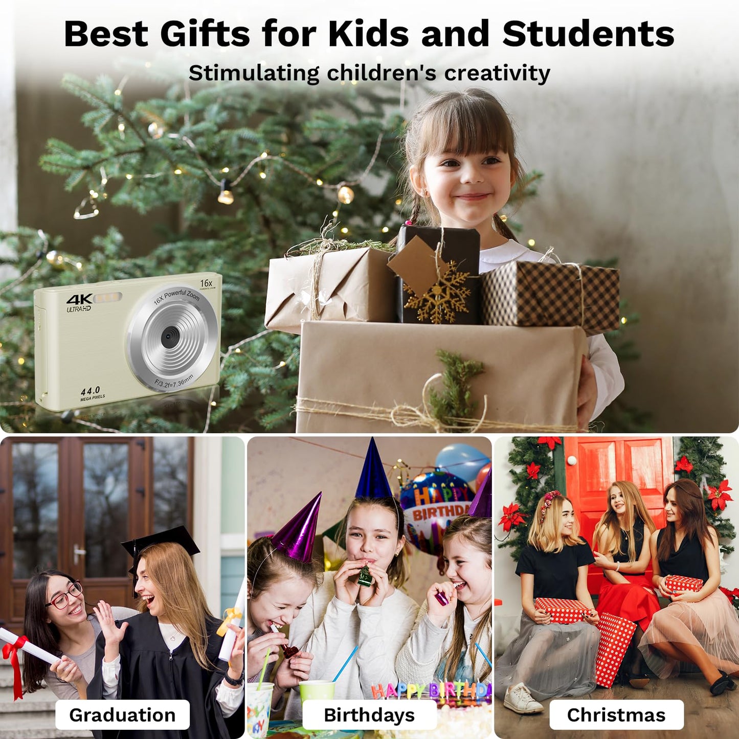 2025 Upgrade Digital Cameras,Digital Camera 4K 44MP, Compact Point and Shoot Digital Cameras for Teens with 16x Zoom, 64 GB SD Card, Vintage Digital Camera for Kids Boys Girls (Cream)