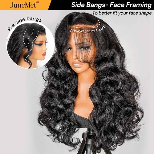 JuneMet Side Part Layered Curtain Bangs Wig Human Hair 9x6 Glueless Wigs Human Hair Pre Plucked Pre Cut Loose Body Wave 220 Density HD Lace Clourse Front Wigs with Bangs for Black Women 14 Inch