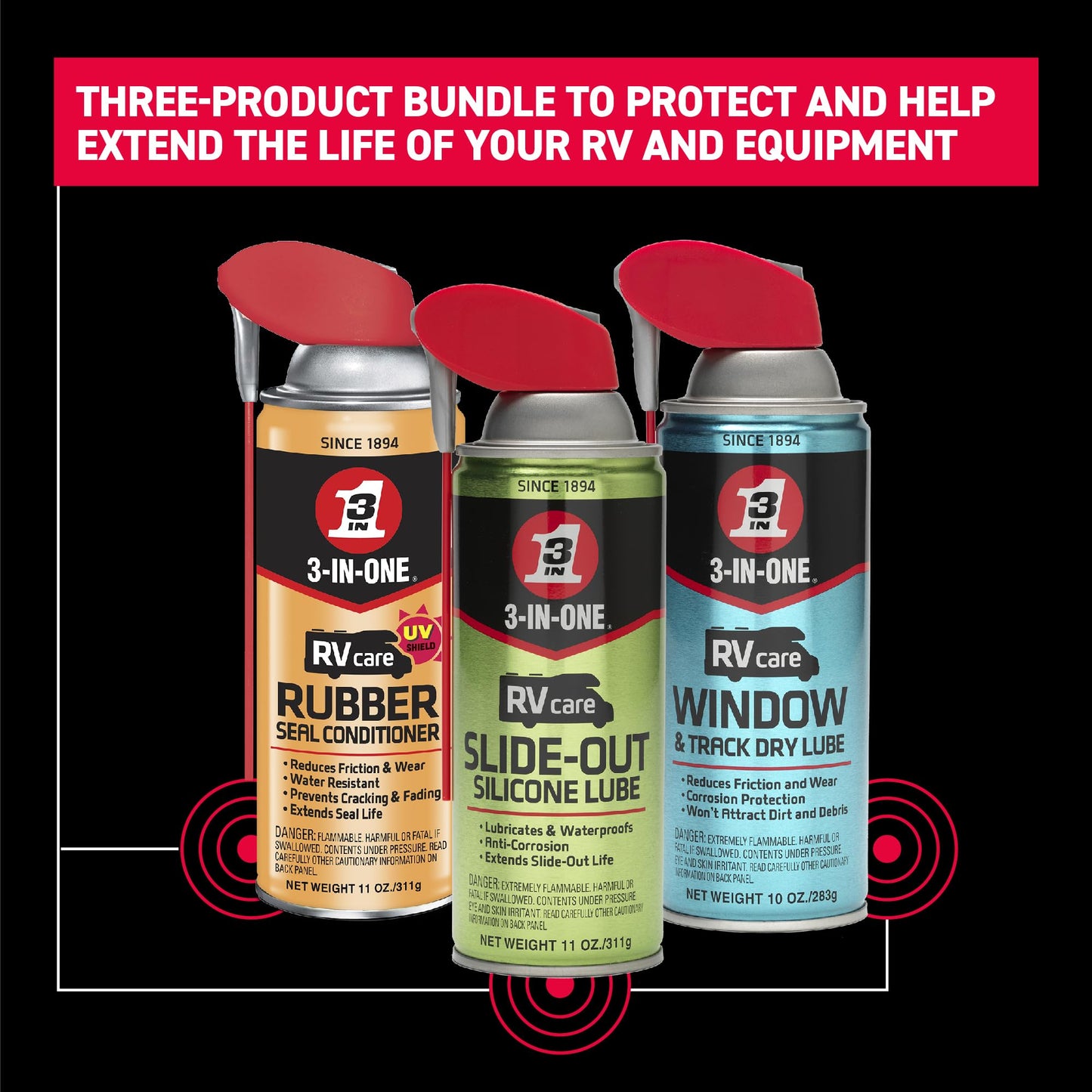 3-IN-ONE RV Care Trio Pack Includes Slide Out Lube 11 oz, Window & Track Lube 10 oz and Rubber Seal Conditioner 11oz.