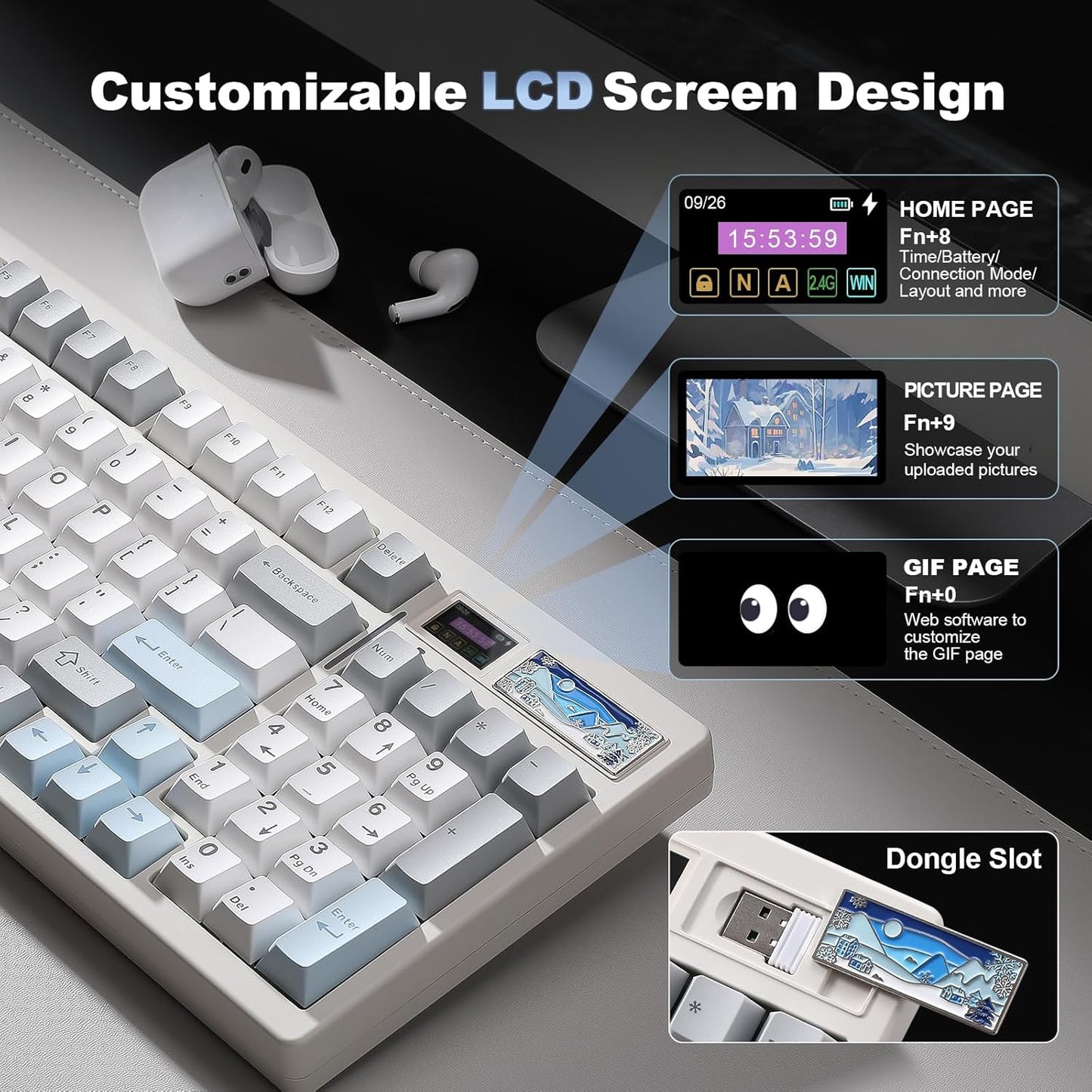 YUNZII IF99 Wireless Mechanical Gaming Keyboard with Smart LCD Display, QMK/VIA Programmable BT/2.4G/USB-C Gasket Mounted Hot Swap RGB 96% Layout for Mac/Win (White, Cocoa Cream V2 Switch)