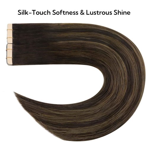HOTBANANA Tape-in Hair Extensions, 20 Inch 40pcs 100g Balayage Dark Brown Mixed Chestnut Brown Straight Remy Human Hair Tape in Extensions
