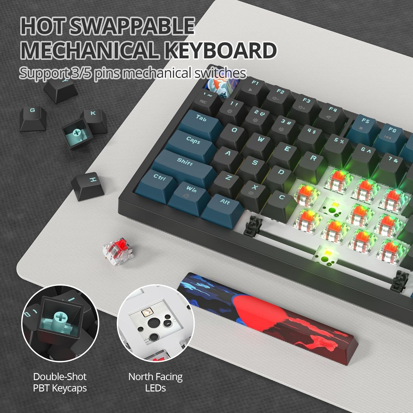 75% Mechanical Gaming Keyboard, Hot Swappable RGB Backlit Custom With Knob, Gasket Mount USB Wired, 82 Keys Blue White Linear Red Switch (82 Blue White)