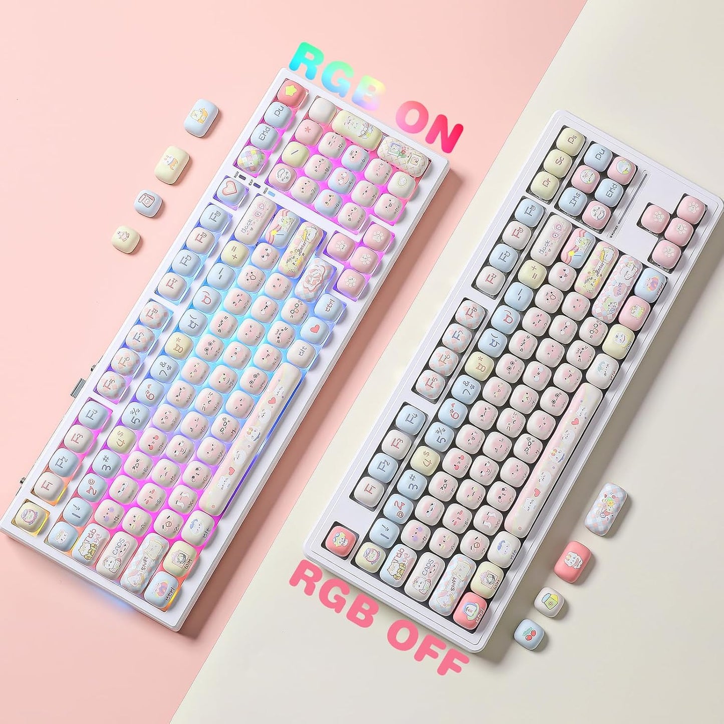 YUNZII Cute Pink Ice Cream Custom Keycaps, 138 Keys Dye Sub PBT MOG Profile Keycap Set for Mechanical Gaming Keyboards (Pink Ice Cream)