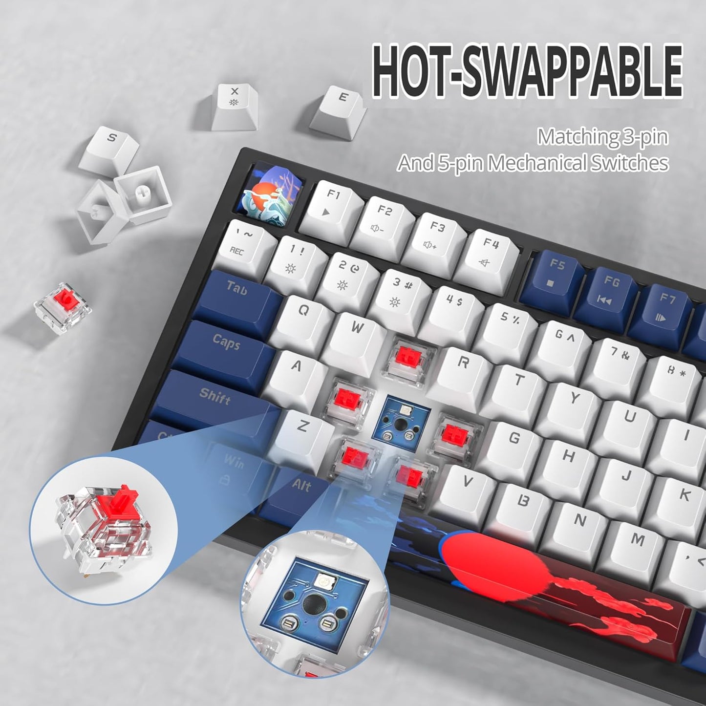 75% TKL Wired Mechanical Keyboard,RGB Backlit Gasket Mount 82 Key Hot Swappable Custom Linear Red Switch Gaming Keyboard with Volume Knob & PBT Keycaps (82 White Earth)