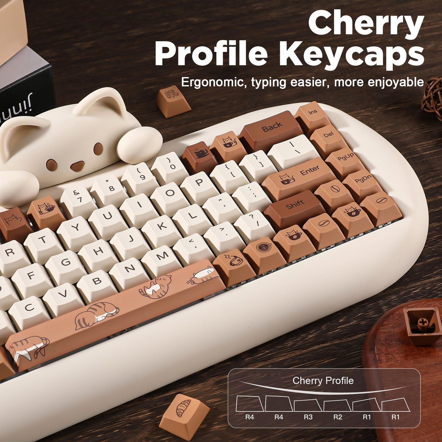 YUNZII Coffee Cat Dye Sub PBT Keycaps,152 Full Keys Dye Sublimation Custom Keycap Set with Key Puller for Cherry Gateron MX Switches Mechanical Gaming Keyboard (Cherry Profile, Coffee Cat)